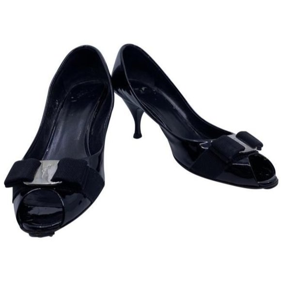 Salvatore Ferragamo Black Ribes Open Toe Bow Pumps Size Us - Picture 1 of 12
